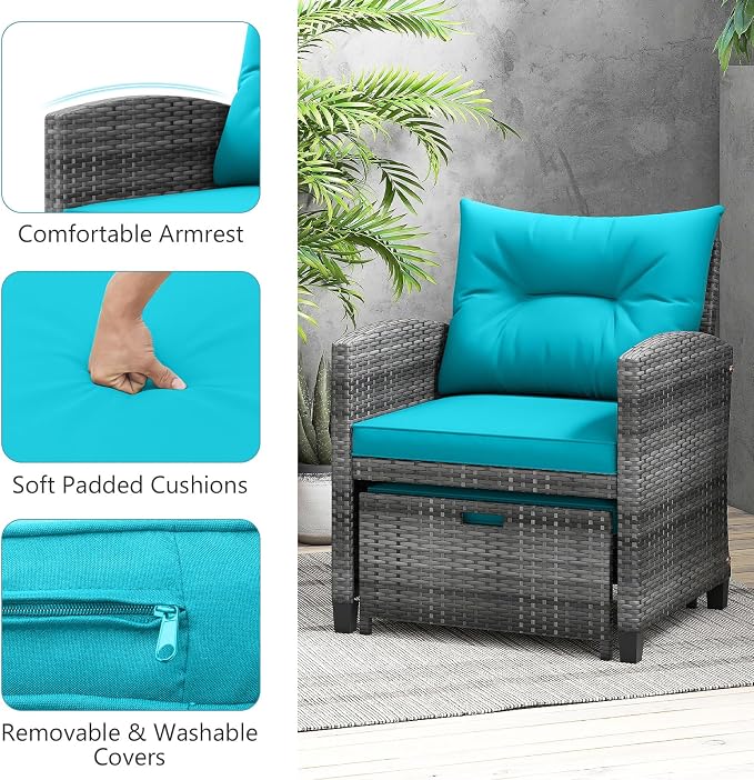 ORALNER 5 Pieces Patio Furniture Set with Ottoman, Wicker Conversation Set w/Cushions, Glass Coffee Table, Outdoor Lounger Rattan Chairs Bistro Set for Porch Balcony Garden Deck Poolside (Turquoise)