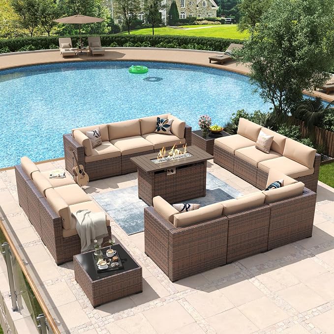 Aoxun 15 Piece Patio Furniture Set with 44” Fire Pit Table Wicker Rattan Outdoor Sectional Sofa Set with Coffee Table and Thickened Cushions, Beige