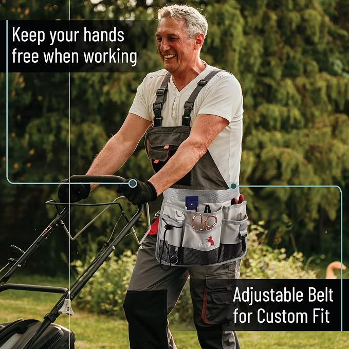 UNCO- Adjustable Gardening Belt, Light Gray, 7 Pockets, Wear Resistant, Cut Resistant, Water Resistant, Garden Tool Belt Pouch, Waist Apron with Pockets