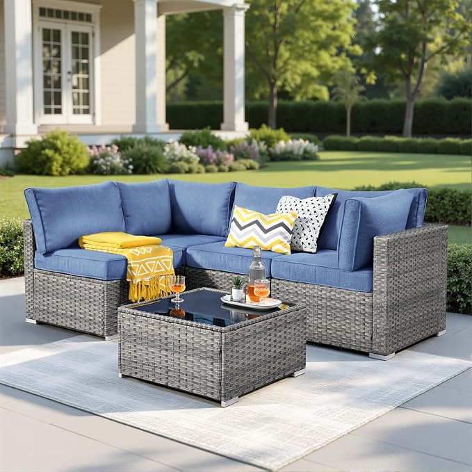 Weaxty 5 Pieces Patio Furniture Sets,Wicker Outdoor Sectional Sofa with Thicken Cushion and Rattan Coffee Table,Patio Conversation Couch Set for Porch, Balcony,Yard, Poolside,Denim Blue