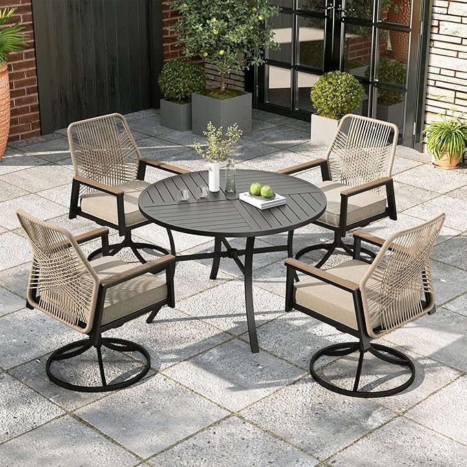 MIXPATIO 5 Pieces Outdoor Patio Dining Set, Wicker Patio Table and Chairs Set of 4, Swivel Wicker Chairs with 3.2" Cushion and 42" Round Table with Umbrella Hole for Yard, Porch, Beige