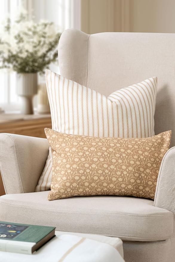 Modern Farmhouse California Casual Indoor Outdoor Throw Pillow Cover, 22"x22" Water Repellent for Patio, Backyard, Couch, Poolside, Ivory Cream Tan Print Wave Stripes