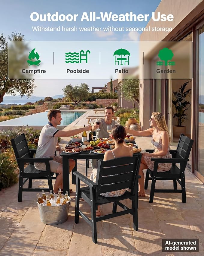 YEFU Outdoor Patio Table HIPS: Square Wood Grain Waterproof Easy-Clean All-Weather Patio Dining Table - Rust-Resistant Modern Outdoor Dining Table for Backyard Garden Deck Poolside（Black）