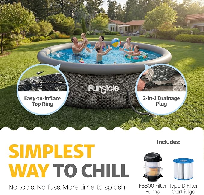 Funsicle Quickset Designer 12' x 36" Round Above Ground Swimming Pool, with FiltraBoost 800 GPH Filter Pump, Type D Filter Cartridge & Repair Patch, Dark Herringbone Print