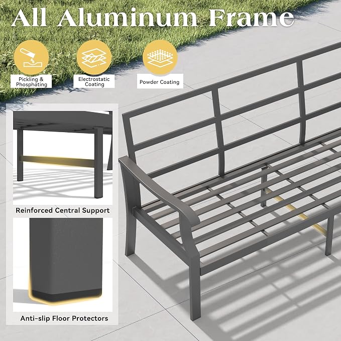 9 Piece Patio Conversation Set, Outdoor Metal Furniture Set w/Rocking Swivel Chairs, 3-Seat Sofa, Ottomans and Coffee Side Table, 5" Thickened Cushions for Backyard, Poolside, Gray