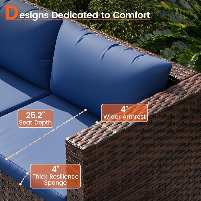 8 Piece Patio Furniture Set with 44" Fire Pit Table, Outdoor Sectional Wicker Rattan Sofa Set with Coffee Table (Navy Blue/Brown)
