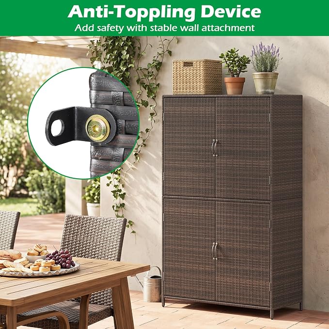 Tangkula Rattan Outdoor Storage Cabinet with 2 Adjustable Shelves | Patiojoy Outdoor Cabinet with Adjustable Shelves, 4 Doors, Patio Storage Deck Box Table for Patio Garden Poolside, Mix Brown