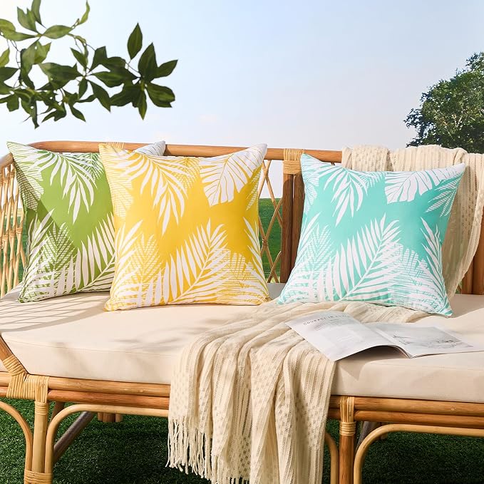Allorry Outdoor Pillow Covers 20x20 Set of 2 Tropics Palm Leaves Yellow Floral Pattern Decoration Throw Pillow Covers for Outdoor Waterproof Furniture Garden Patio Sofa Bedroom Home Decor JB008-A20