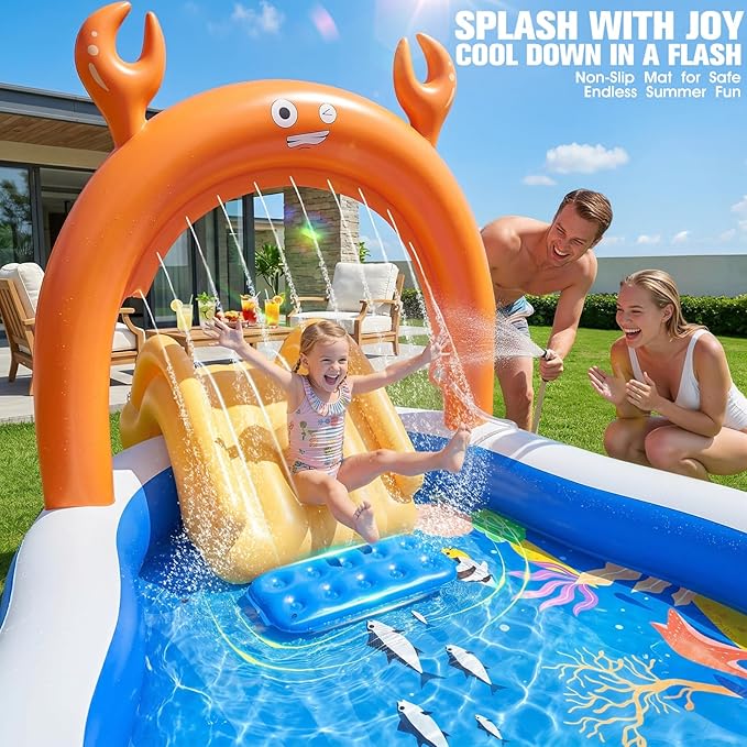 2026 Large Inflatable Play Center,Toddler Pool with Water Slide&Sprinkler,120"x70"x50"Inflatable Kiddie Pool with Slide,Backyard Kids Water Slide,Blow-Up Splash Pad for Toddlers