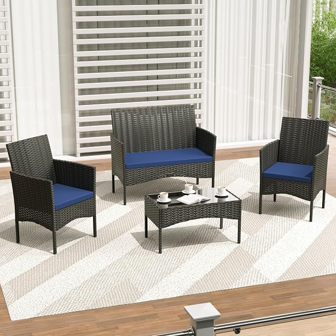 4 Pieces Outdoor Patio Furniture Sets,Wicker Conversation Set with Coffee Table,Loveseat and Wicker Patio Chairs with Soft Cushion for Porch, Garden, Lawn(Navy Blue)