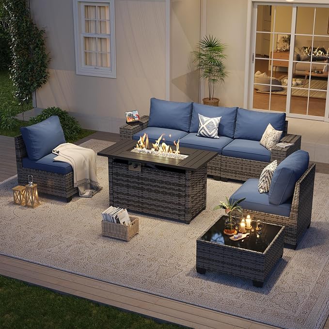 Aoxun Outdoor Patio Furniture Set with 44'' Fire Pit Table, 7 Pcs Outdoor Patio Furniture Sets with 4in Thicken Cushion, Widen Armrests Wicker Outdoor Sectional for Backyard, Navy Blue
