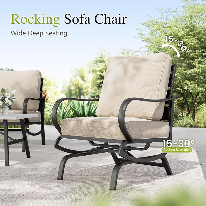 Sophia & William Patio Furniture Sets 5 Seats Outdoor Metal Conversation Sets 5 Pcs with 2 x Cushioned Swivel Sofa Chairs,1 x 3-Seat Sofa,2 x Ottomans for Coffee Lawn Backyard Poolside Beige