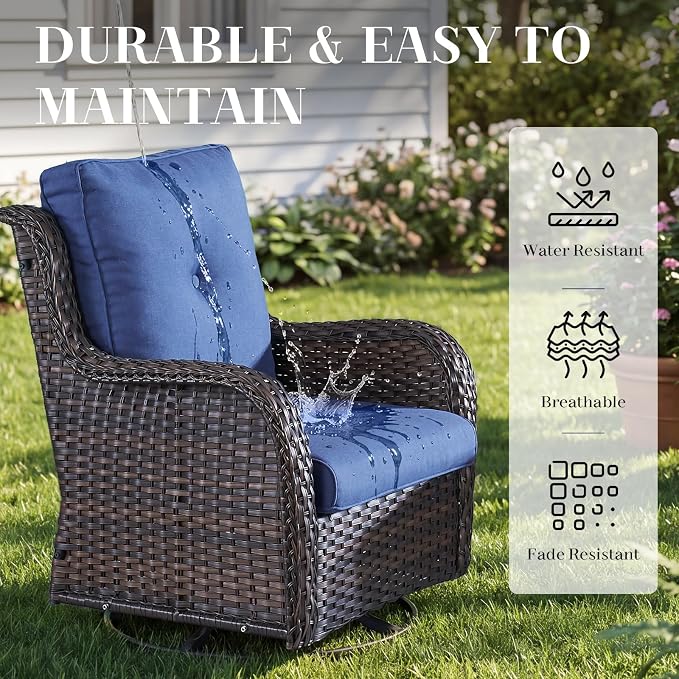 Rilyson Wicker Rocking Chair Swivel Chairs – 6 Piece Rocker Patio Furniture Set Rattan Rocking Bistro Sets with Glass Top Side Table for Outdoor Porch Deck Garden Backyard(Brown/Blue)
