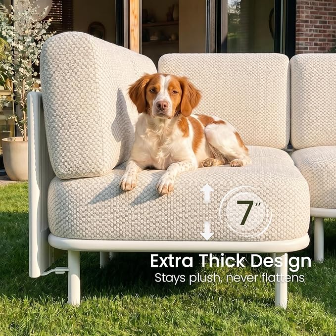 LayinSun 6 Pieces Patio Furniture Set, Modern Outdoor Modular Sectional Conversation Set L-Shaped Sofa with 7-inch Cushion for Garden Backyard Deck