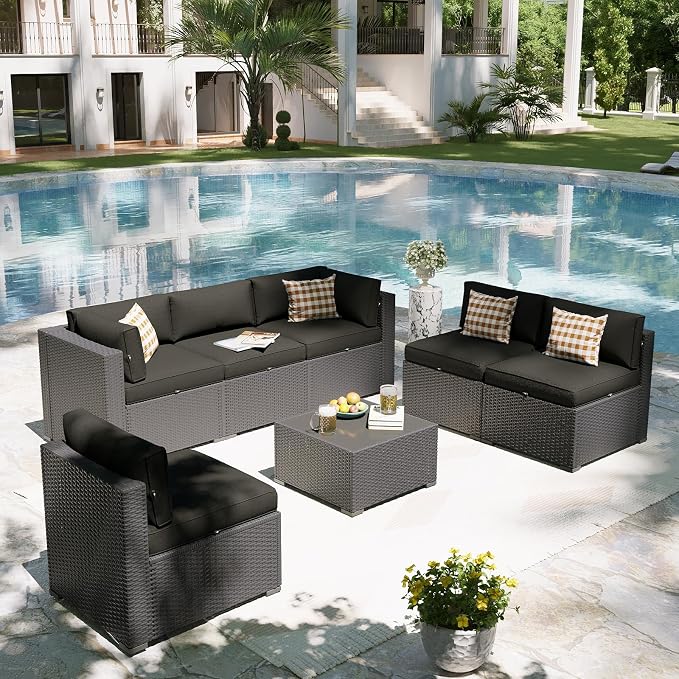 Aoxun Patio Furniture Set, 7 Piece Outdoor Sectional Sofas with Waterprool Cover, Wicker Rattan Outdoor Furniture Patio Conversation Set for Backyard, Garden Black