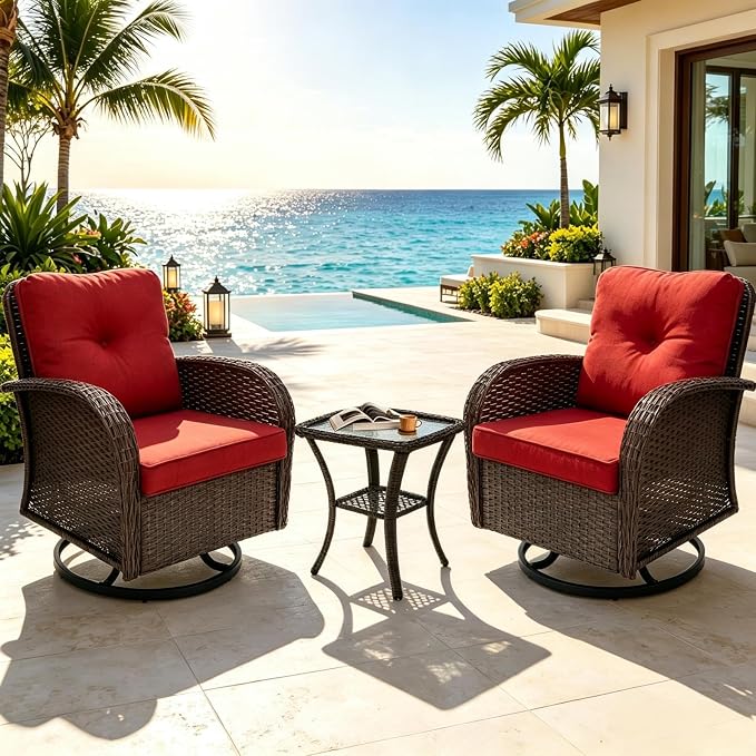 JJMGJOY Outdoor Swivel Rocker Patio Chairs 3 Pieces，Swivel Patio Chairs with Cushions，Outdoor Swivel Rocking Chairs Set of 2 with Rattan Side Table，Patio Furniture Set for Outside Porch Deck
