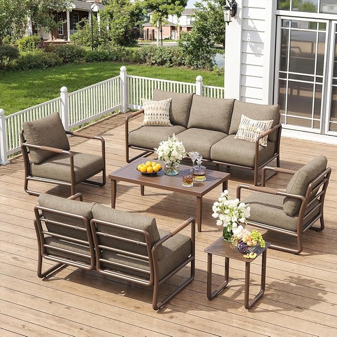 6-Piece All-Weather Aluminum Patio Conversation Set, Outdoor Sofa with Coffee Table & Thick Cushions, Modern Garden, Porch Seating for Backyard, Poolside, Brown