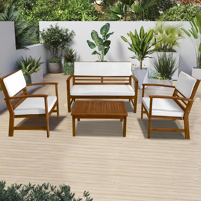 PayLessHere 4-Piece Acacia Wood Patio Furniture Set Modern Conversation Set Outdoor Bistro Table and Chairs for Backyard, Balcony, Deck, or Indoor Use (Nature)