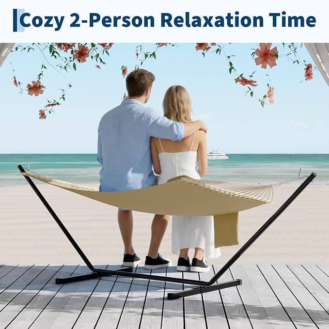 PrecisionAuto Double Quilted Fabric Hammock with Spreader Bar & Detachable Pillow, 12FT Two Person Outdoor Swing Bed Supports 450LBS for Patio Backyard Poolside Relaxation