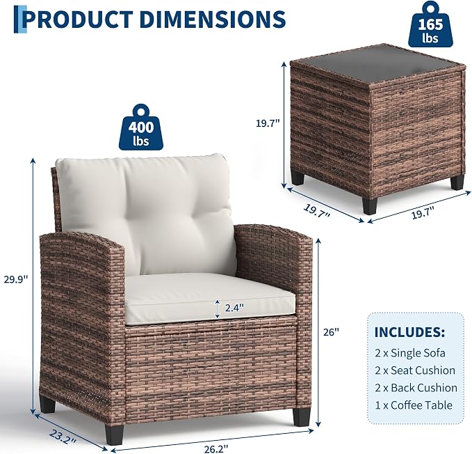 IDEALHOUSE 3-Piece Outdoor Patio Furniture Set, PE Rattan Wicker Conversation Chairs with Tempered Glass Side Table and Removable Cushions, Balcony, Porch & Garden Seating Set, Brown+Beige Cushion