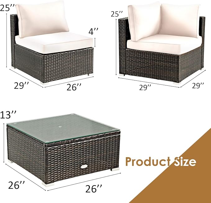 Tangkula 5 Pieces Patio Furniture Set, All Weather Wicker L-Shaped Corner Sofa Set w/Soft Cushions, Outdoor Sectional Conversation Couch Set w/Glass Table for Backyard Garden Poolside (White)