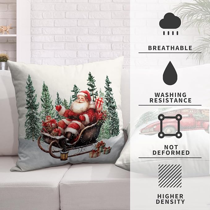 Christmas Santa Pillow Covers Set of 2 Snowy Cabin Red Truck Snowman Throw Pillow Covers Green Xmas Tree Pillowcase 16x16 Cotton Linen Cushion Case for Winter Holiday Home Decor