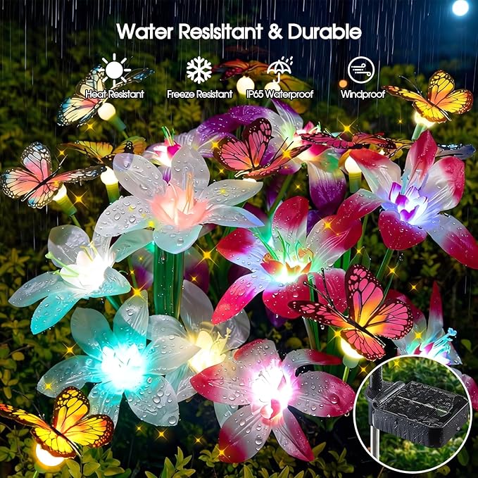 Garpar Solar Garden Lights, 4 Pack 800mAh Solar Flower Lights with16 Color Changing Lilies and 12 Butterflies, Brighter Waterproof Garden Decor for Yard Lawn Pathway, Mom Women Grandma Gift