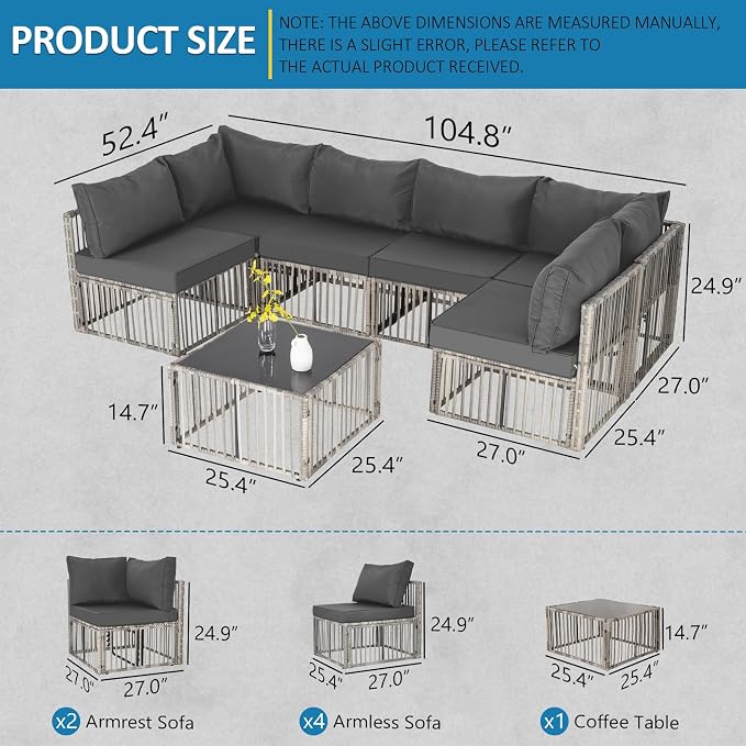 FHFO 7 Piece Outdoor Wicker Patio Furniture Set, Grey/Dark Grey | Sectional Sofa | All-Weather Hand-Woven Rattan | Tempered Glass Coffee Table | Adjustable Backrest | Indoor & Outdoor Use