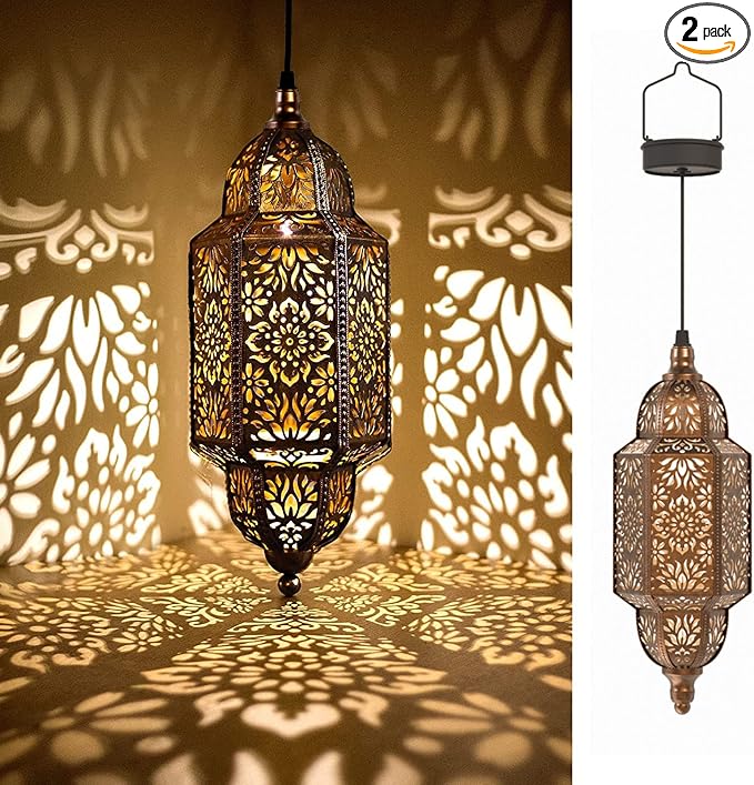 Twinkya 2 Pack Hanging Solar Lights Outdoor Garden Decorative Solar Lantern Waterproof Metal Moroccan Outdoor Decorations for Patio Pathway Yard Porch Backyard Garden Decor (Gold, 2 Pack)