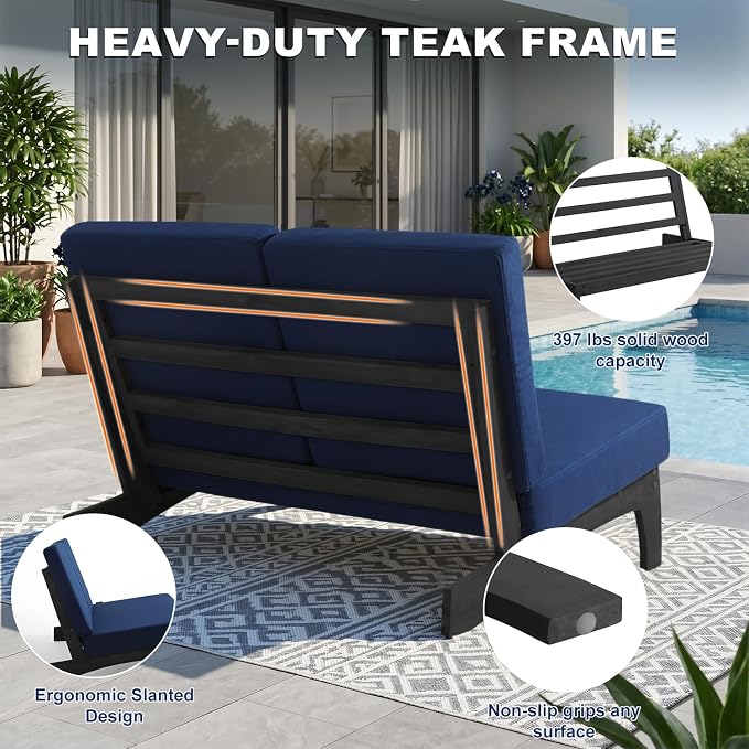 Pia Ricoo 4 Piece Patio Furniture Sets, Outdoor Loveseat Sofa Set with 2 Chairs & Coffee Table, Patio Conversation Set for Backyard, Deck, Lawn, Navy, Dark Wood