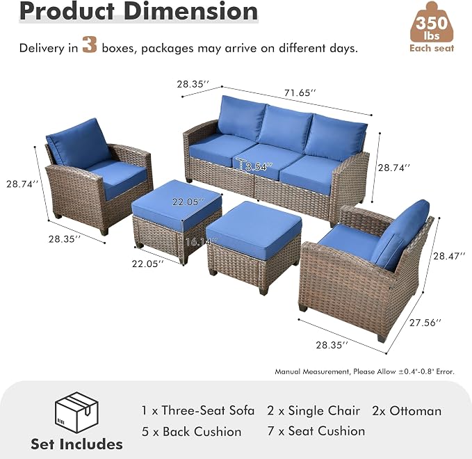 ovios 5 Pieces Patio Furniture Set, Outdoor Wicker Sofa Couch with Chairs Comfy Cushions, All Weather Brown Rattan Conversation Set for Backyard Deck Porch, Navy Blue
