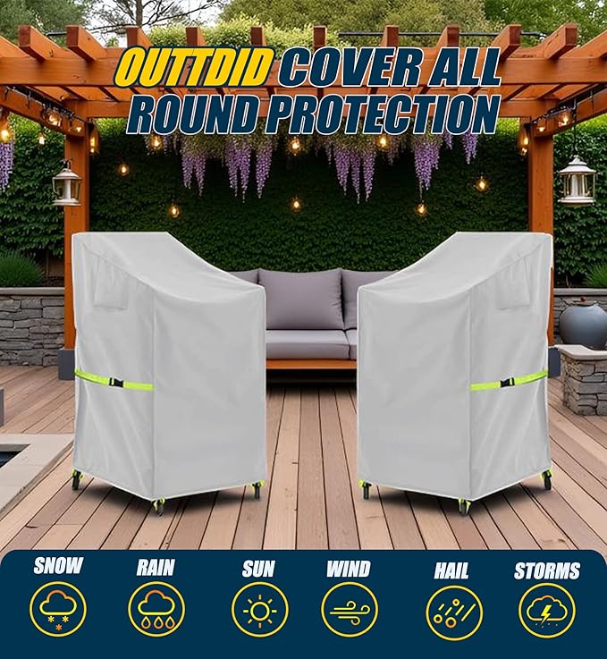 Stackable Patio Chair Cover - 600D High Back Outdoor Chair Cover Waterproof & Heavy Duty, 1 Pack Lawn Furniture Stacking Seat Cover for 4-6 Outdoor Stackable Dining Chairs - 28 x 36 x 47 Inch