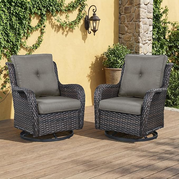 Outdoor Swivel Rocker Patio Chairs-Wicker Patio Swivel Chairs Set of 2 PE Rattan Patio Furniture for Porch Deck Balcony Garden-Brown/Grey