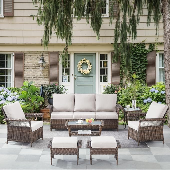 Patio Furniture Set Wicker Patio Chairs PE Rattan Sofa Ottomans with Beige Cushions Patio Coffee Table and Side Table Brown Wicker Patio Conversation Set 7pcs for Garden Backyard