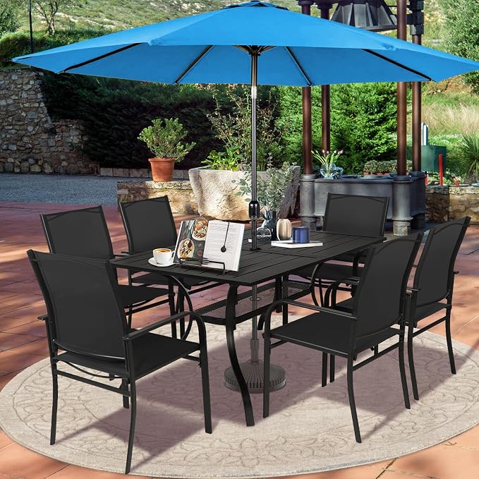 SUNCROWN 8 - Piece Outdoor Dining Set, Patio Furniture Set with 6 Textilene Dinning Chairs, 1 Rectangle Metal Table and 1 Sky Blue 9Ft Patio Umbrella for Lawn Garden Backyard Deck, Black