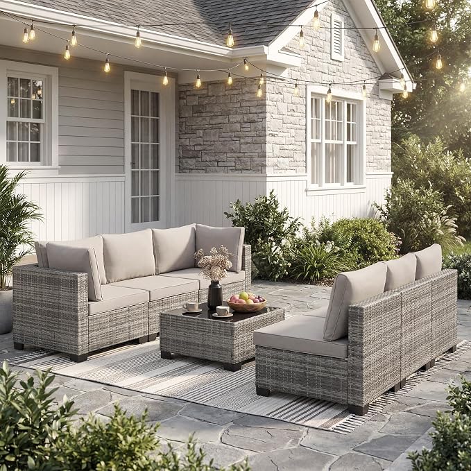 ANJ 7 Piece Outdoor Wicker Patio Furniture Set, Modular Loveseat Sofa with with Glass Top Coffee Table, All-Weather Rattan Conversation Couch Set for Balcony, Backyard, Light Grey Wicker-Grey
