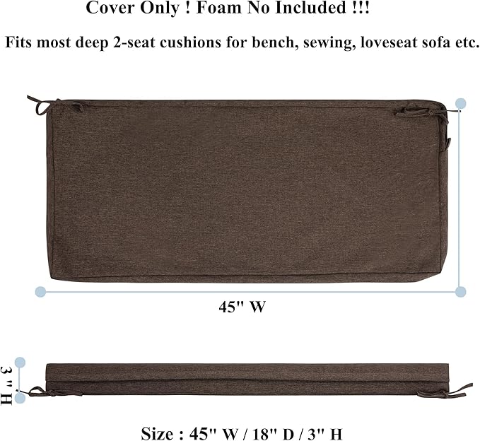 FUNHOME Outdoor Bench Cushion Covers 45" x 18" x 3", No Insert! Patio Bench Cushion Covers,Water Resistant Patio Loveseat Cushion Cover 1 Pack, Brown(Covers ONLY)