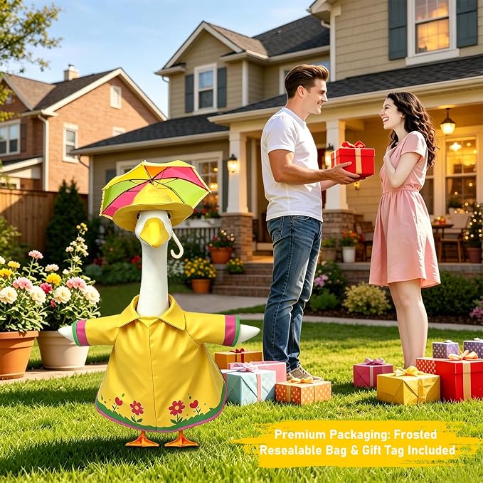 Floral Raincoat Porch Goose Outfits: 3 Pcs/Set Yellow Lawn Goose Statue Rain Coat Costume with Umbrella Hat - Summer Yard Goose Clothes for 23 Inch Goose Statue - Patio Garden Porch Lawn Outdoor Decor