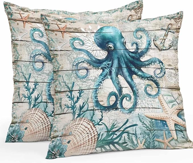 Teal Octopus Coastal Waterproof Outdoor Pillow Covers Set of 2 Home Decor, Summer Beach Nautical Starfish Retro Pillowcase Patio Pillow Covers for Couch Bench Furniture Garden 26x26in
