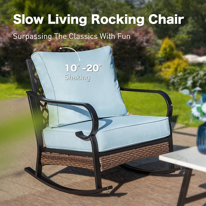 SUNSHINE VALLEY 4 PCS Metal Outdoor Patio Furniture Set, Patio Conversation Sets 1 3-Seater Sofa, 2 Rocking Chairs with 5.75" Extra Thick Cushion & Coffee Table, Black Frame Backyard Furniture, Blue