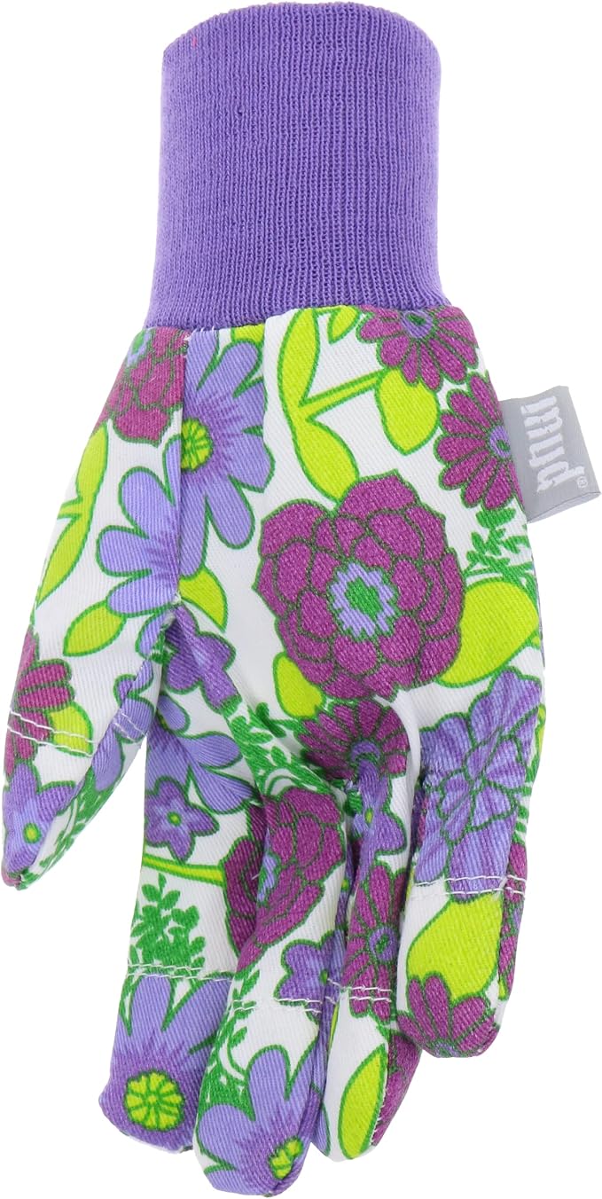 MUD Jersey & Chore Women's Garden Glove, Breathable, Elastic, Reinforced Fingertips, Purple Floral, M/L