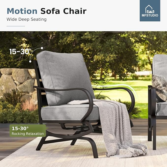 MFSTUDIO 6 Pieces Patio Furniture Sets with 45" Gas Fire Pit Table(Up to 7 Seat), Outdoor Metal Frame Patio Conversation Sofas with 1 x 3-Seat Sofa, 2 Rocking Chairs and 2 Ottoman, Grey Cushion