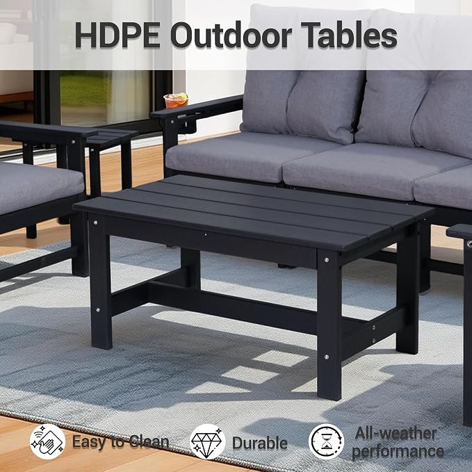HDPE 7 Piece Patio Furniture Set, Outdoor Sectional Sofa with Coffee Table, Side Table and Seat Cusions, Patio Conversation Set for Party, Backyard, Porch, Deck, Poolside, Black & Grey