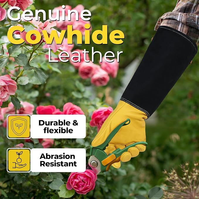 HANDLANDY Rose Pruning Gloves for Men Women, Thorn Proof Gardening Gloves | Long Leather Gardening Gloves, Breathable Leather Gauntlet, Best Garden Gifts & Tools for Gardener (Mustard Yellow, M)