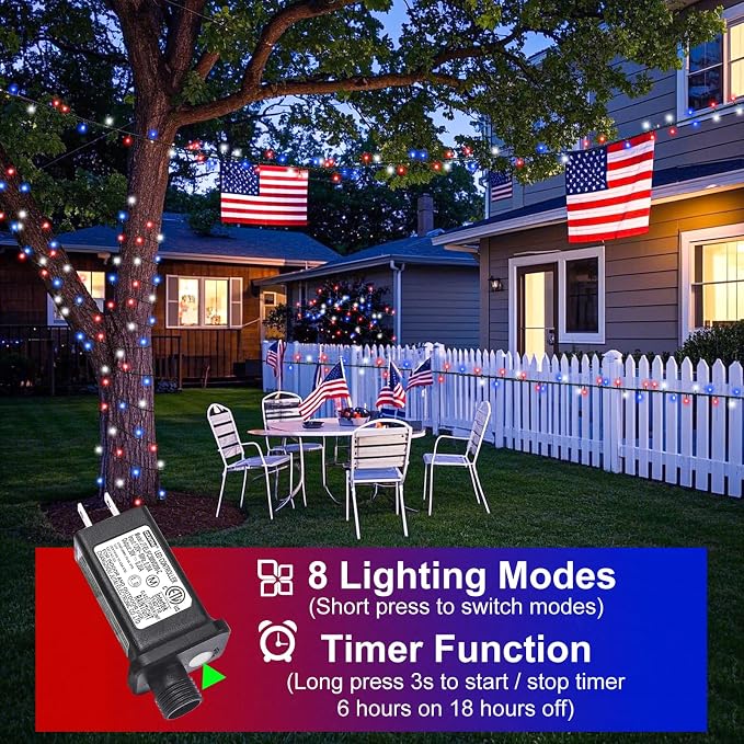 Red White and Blue Lights, 66FT 200 LED 4th of July String Lights Outdoor | Plug In Waterproof 8 Modes Connectable Patriotic Decorations Lights for Indoor Independence Memorial Day Party Holiday