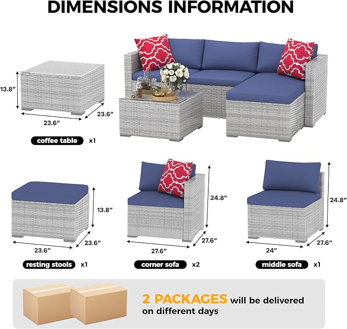Garvee 5 Pieces Patio Furniture Set, Outdoor Glass Table and Cushions with Rattan Wicker Chairs, Patio Furniture Set for Porch, Balcony, Backyard, Garden, Gray & Blue