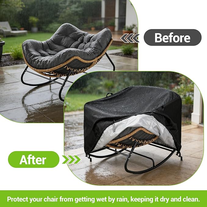 Kasla Patio Chair Cover, Waterproof Heavy Duty Cover for Outdoor Rocking Chair & Papasan Rocking Chair & Rattan Wicker Chair (Black, 46"L×38"W×19"H)