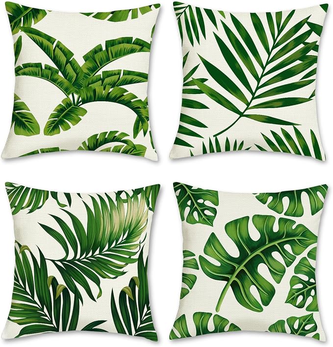 Bonhause Tropical Leaves Throw Pillow Covers 16x16 Set of 4 Green Palm Leaf Decorative Pillow Cases Polyester Linen Outdoor Cushion Covers for Sofa Couch Garden Home Decor
