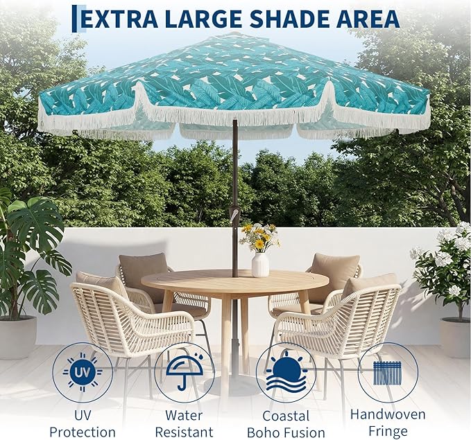 Garvee 10FT Fringe Patio Umbrella with Crank Handle, Push Button Tilt for Sun Shade, 8 Fiberglass Ribs, 1.5"D Premium Steel Pole, Outdoor Large Tassel Umbrella for Patio Beach Pool Backyard, 10' Leaf