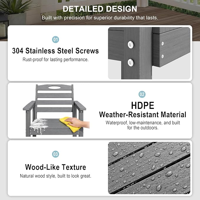Domi HDPE Outdoor Dining Set, All-Weather Outdoor Dining Table Set of 3 with 2" Umbrella Hole, Outdoor Patio Dining Set for Garden, Poolside, Backyard, Deck, Grey